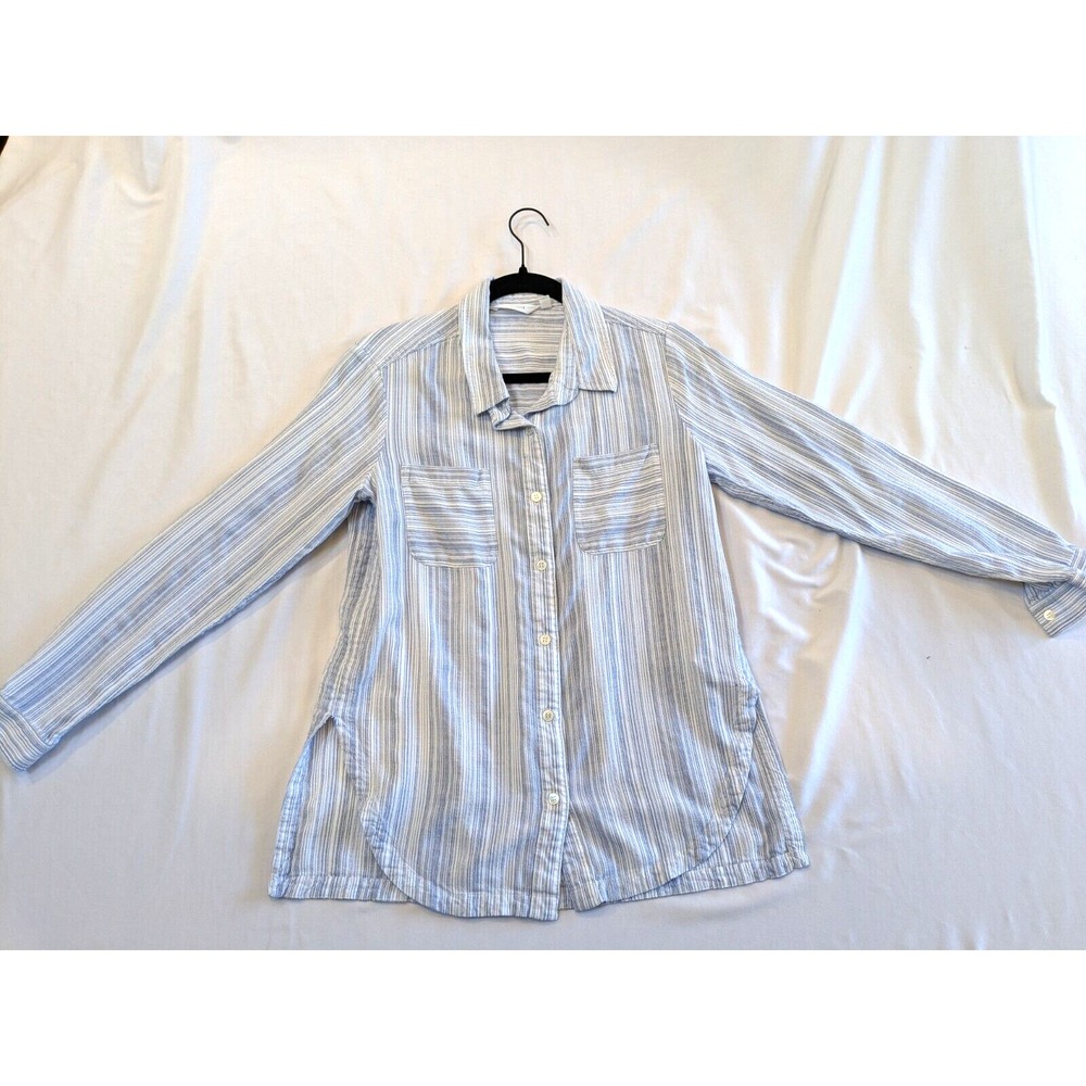 ATHLETA Womens Sz M Blue Stripe Button Pocket Curved Hem Viscose Roll Tab Sleeve - Picture 12 of 16